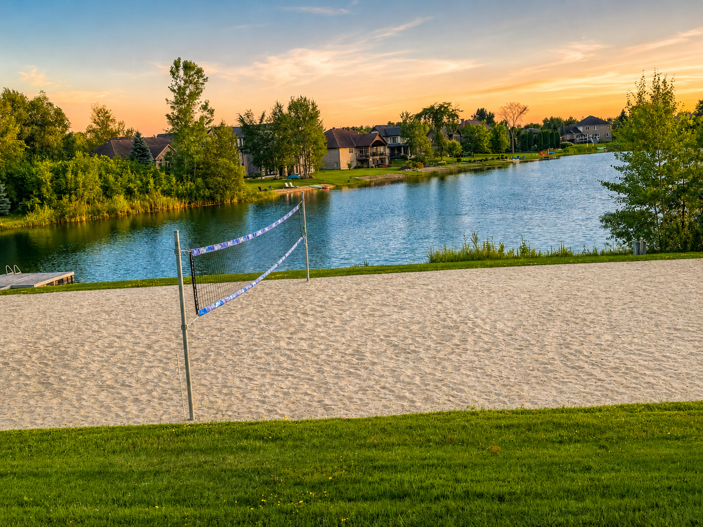 Sandy beach and volleyball by the lake