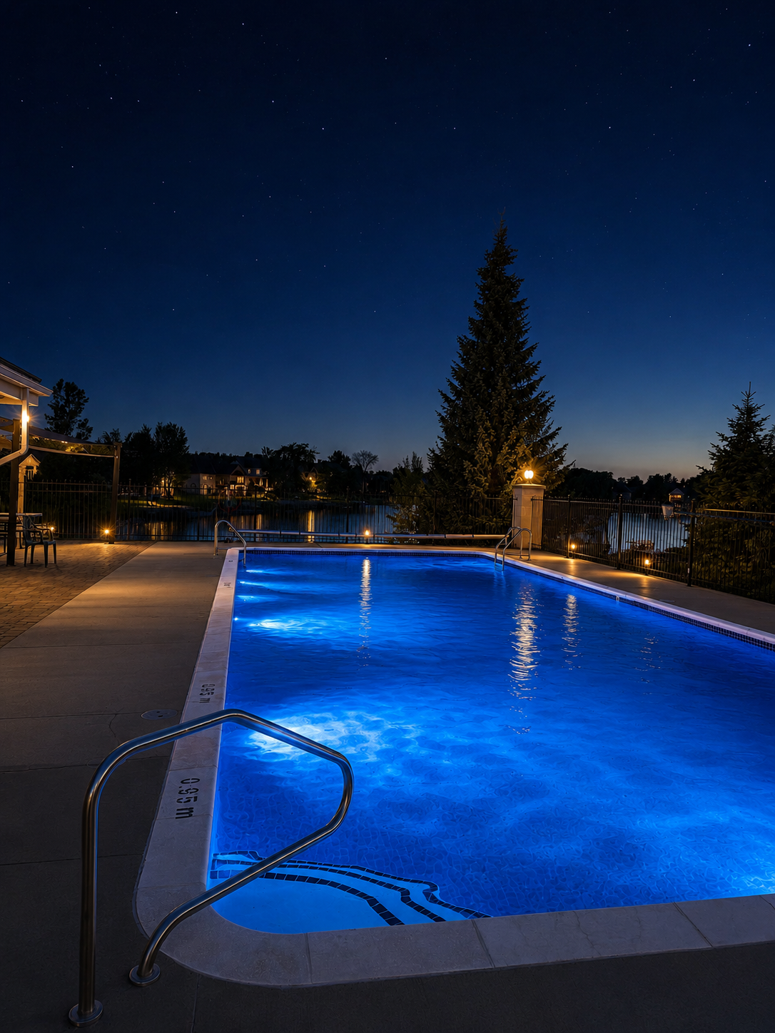 Community pool lit at night