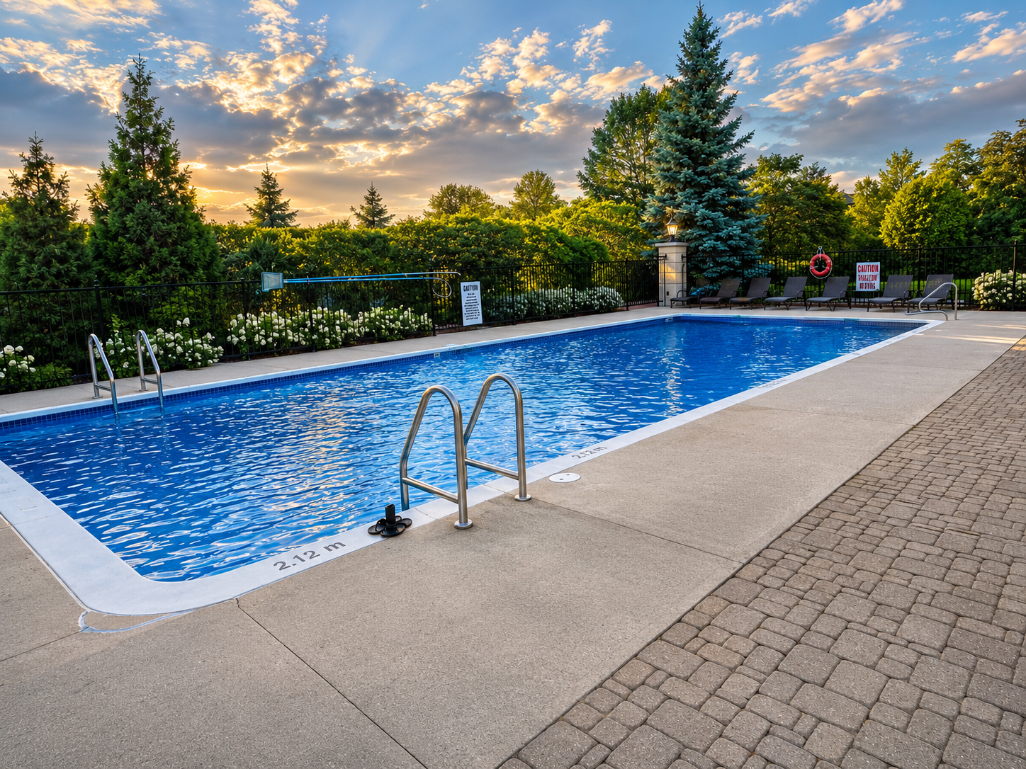 Community saltwater pool at sunrise