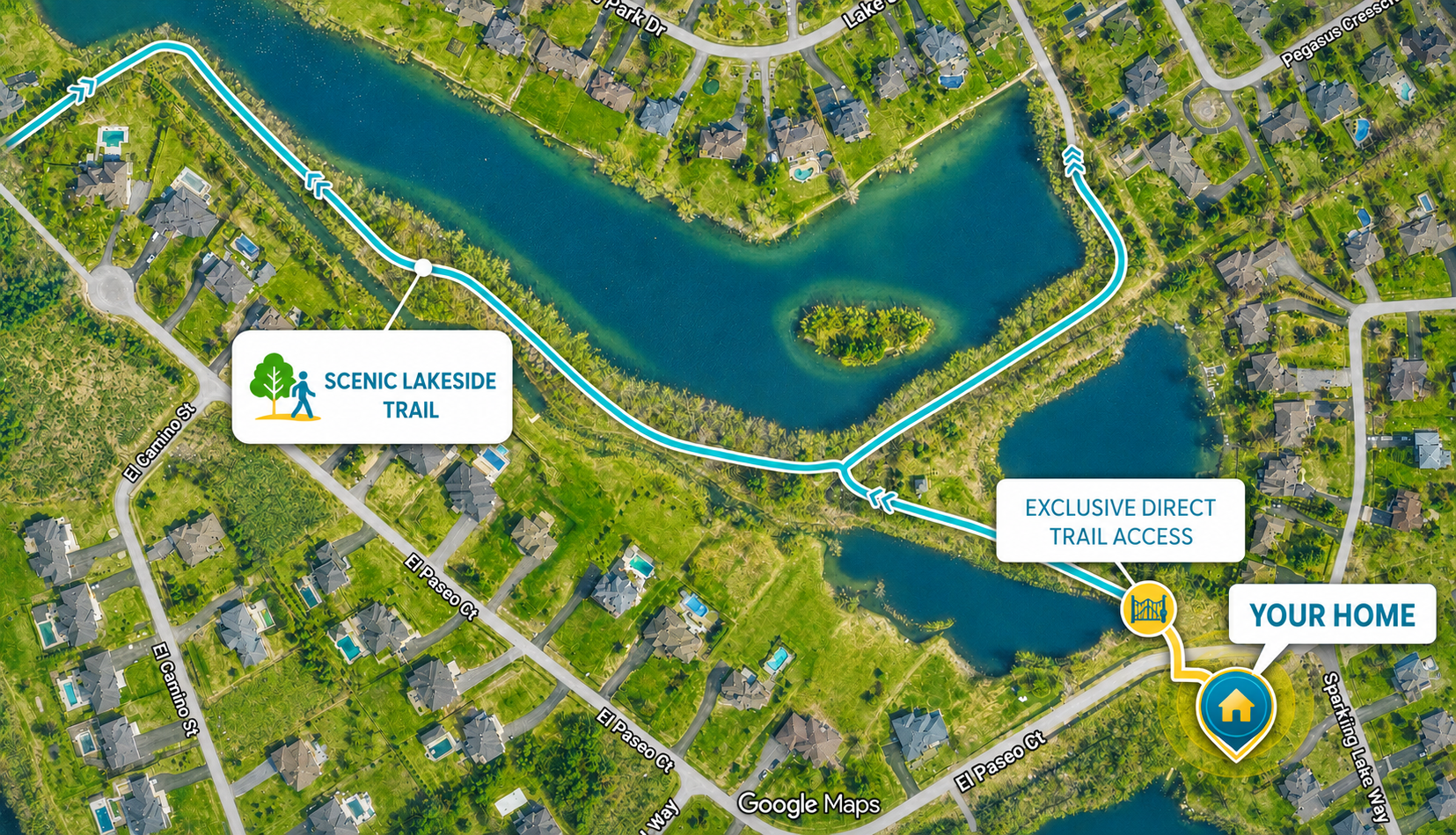 Map showing exclusive direct trail access from the home to the scenic lakeside trail